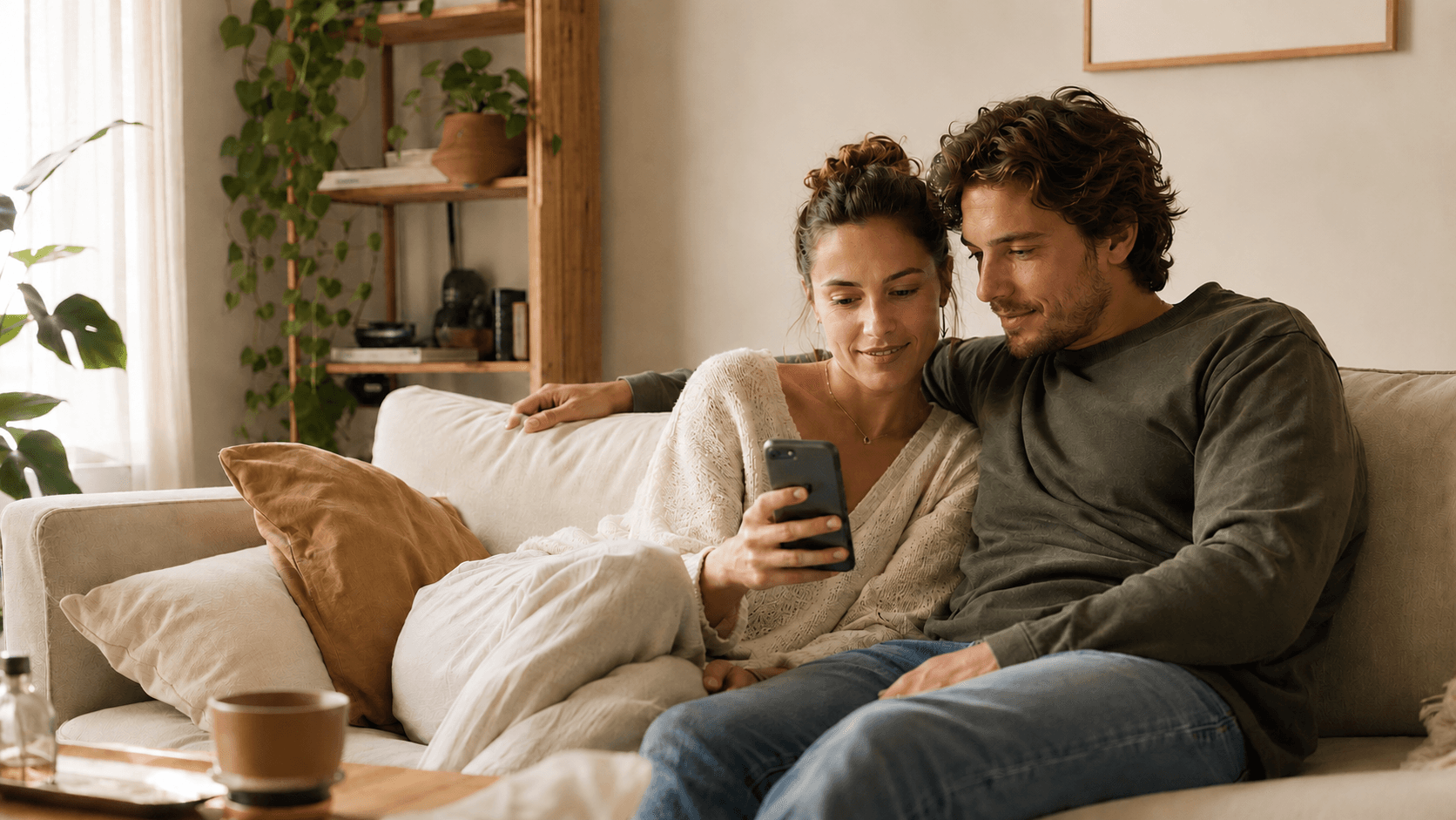 Paar auf dem Sofa, schaut gemeinsam auf ein Smartphone